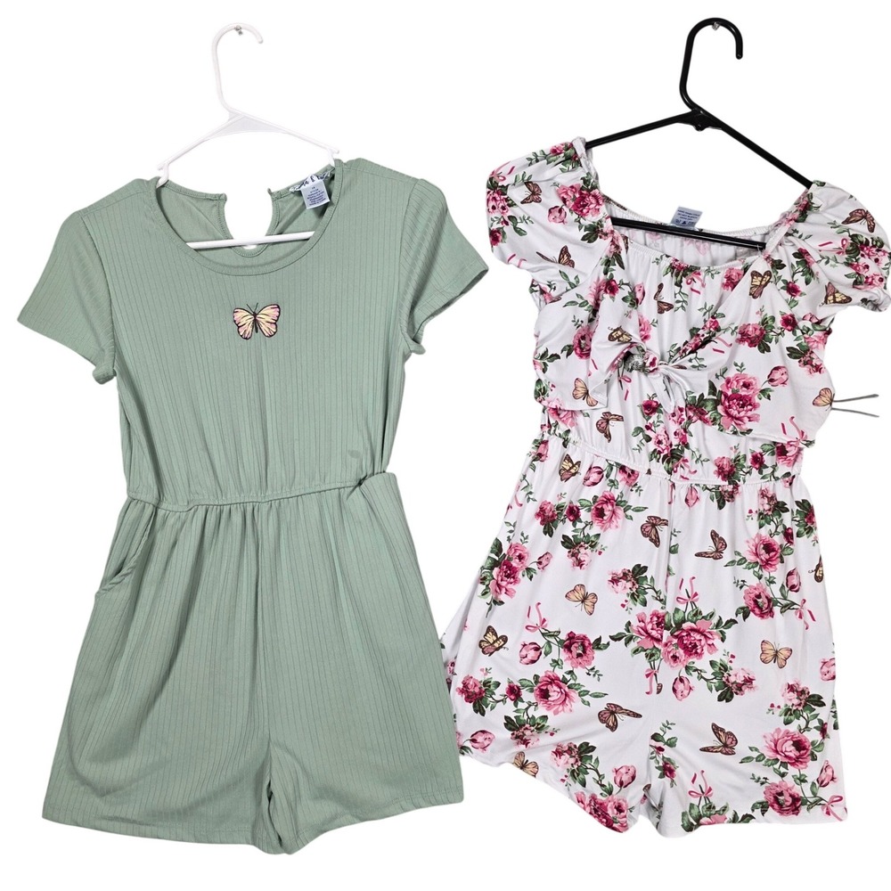 Emma & Elsa Romper Lot Girls Size 14 Green White Floral Butterfly Good 2pc
